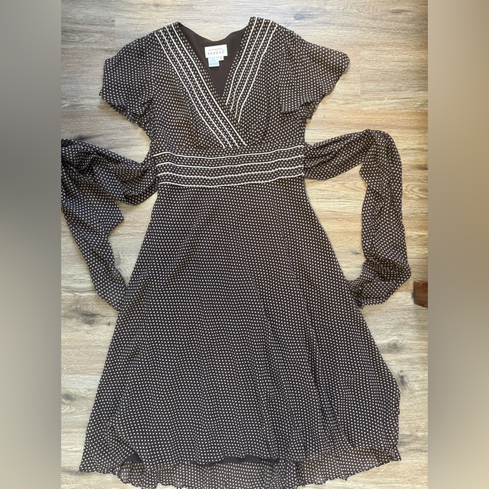 Adrianna Papell Silk Polka Dot Chiffon Midi Dress Brown White – Size 8